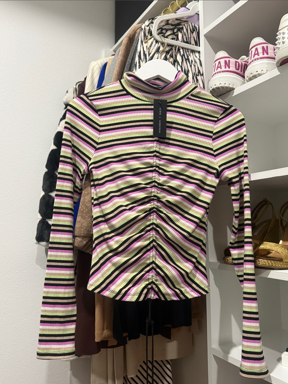 AFRM x Nordstrom Striped Ribbed Turtleneck in Pink, Green, Black